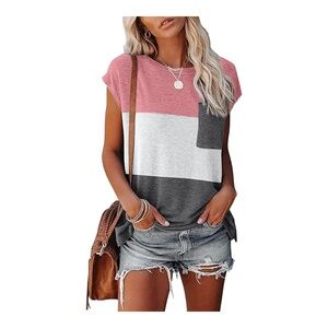 Summer Casual Basic Loose Cap Sleeve T shirt Blouse with Pocket